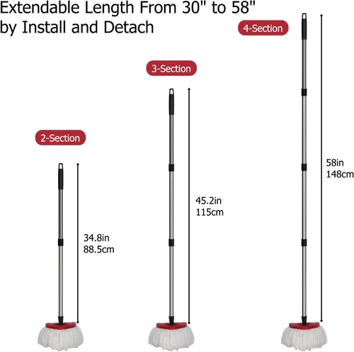 Vista 3 de Qulable Mango de repuesto para trapeador giratorio, mango de repuesto de 4 secciones de 30 a 58 pulgadas, compatible con trapeador giratorio O-Ceda