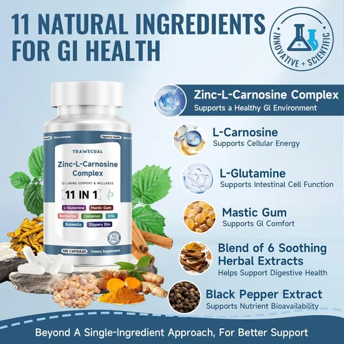 Vista 3 de Zinc L Carnosine Complex 85 mg, suplemento de apoyo para la salud digestiva e intestinal 11 en 1, con mezcla calmante de extracto de hierbas