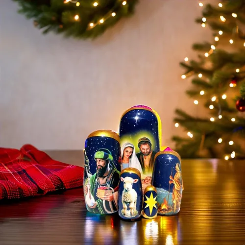 Vista 7 de Muñecas de madera coleccionables de larga duración hechas a mano, de madera, de 5 piezas, con escenas originales de Navidad en cada muñeca