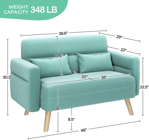 Vista 2 de Yaheetech Sofá Loveseat de Tela Moderna Pequeño de 46", Sofá de 2 Plazas de Mediados de Siglo con Almohadas Lumbares, Patas de Madera Maciza