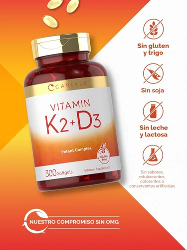 Vista 5 de Suplemento de vitamina K2 D3 de Carlyle 300 cápsulas blandas 200 mcg K2 MK7 y 10,000 UI D3 Sin GMO, sin gluten