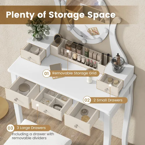 Vista 43 de CHARMAID Mesa de tocador para niñas con espejo iluminado y taburete, 10 luces LED regulables, 3 modos de iluminación de color, 4 cajones, mango