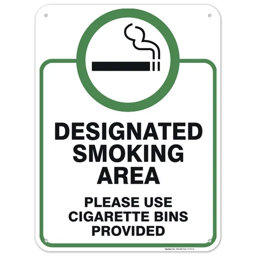 Vista 9 de Letrero designado para zona de fumar, letrero con texto en inglés "Please Use Cigarrette Bins Sign", 10 x 7 pulgadas, libre de óxido, aluminio 040