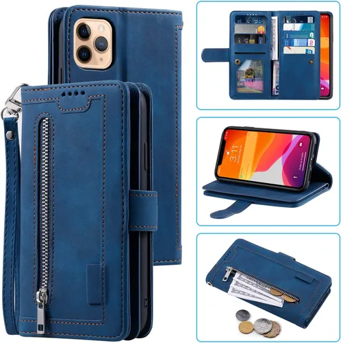 Vista 20 de UEEBAI Funda para iPhone 12 Mini de 5.4 pulgadas, 9 ranuras para tarjetas, cartera de cuero retro a prueba de golpes, con correa de mano, ranuras