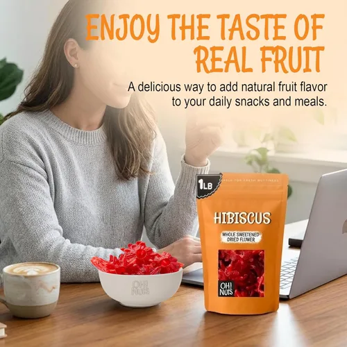 Vista 4 de Oh! Nuts Flores secas de hibisco – 1 libra – Fruta seca – Flores secas endulzadas enteras – Bocados de frutas deshidratados – Empaquetado en bolsa