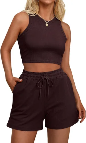 AUTOMET Conjuntos de 2 piezas para mujer, conjuntos de descanso, camiseta corta sin mangas y pantalones cortos con cordón, trajes deportivos