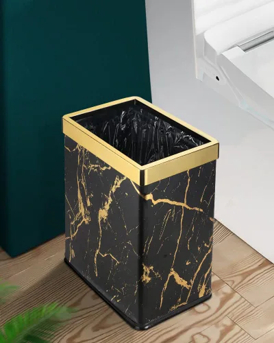 Vista 6 de Basurero pequeño de oficina para dormitorio, papelera rectangular delgada para baño, cocina, 2.6 galones (mármol negro dorado)