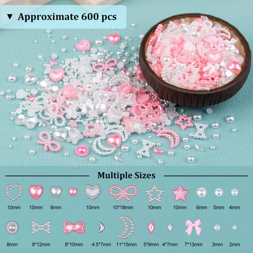 Vista 3 de 600 piezas de dijes de uñas 3D de múltiples formas y perlas planas, estilos mixtos blanco y rosa, corazones, estrellas, lazos, girasoles, adornos