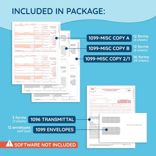 Vista 2 de Blue Summit 1099 Formularios MISC 2025 con sobres, kit de formularios de impuestos de 4 partes, kit de 12 formularios láser, compatible