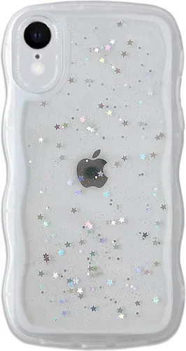 Vista 72 de Qokey para iPhone 14 Plus Funda de 6.7" con diseño de borde ondulado rizado, transparente, con purpurina, brillo, estrellas, brillante, lindo