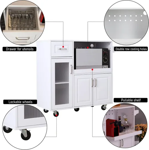 Vista 5 de PHI VILLA Carrito de microondas con ruedas, isla de cocina blanca con estante para microondas, carrito de cocina rodante con almacenamiento