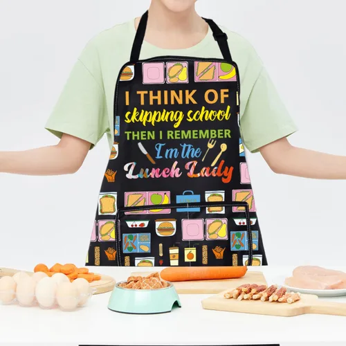 Vista 7 de CMNIM Delantal de almuerzo escolar con bolsillos, divertido delantal de almuerzo para dama o cafetería