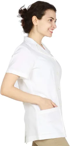 Vista 4 de Tess - Bata de salón para mujer, chaqueta de estilista a prueba de blanqueador, uniforme ligero con botones y bolsillos para cosmetología