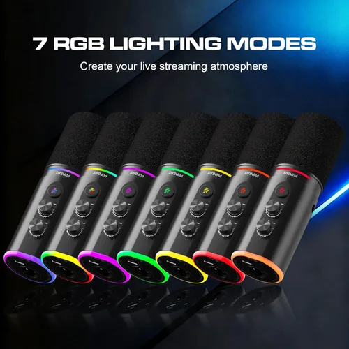 Vista 5 de Micrófono de podcast XLR/USB, micrófono para juegos con botón de silencio, efectos de reverberación, cancelación de ruido, soporte de brazo