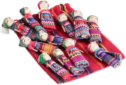 Vista 3 de NOVICA Muñecas tradicionales hechas a mano de Guatemala con bolsa de almacenamiento de algodón, 2.5 pulgadas, 'The Worry Doll Gang' (juego de 12)