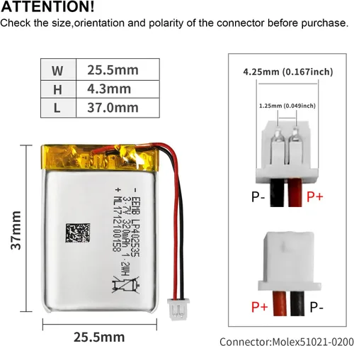 Vista 3 de EEMB Batería de polímero de litio 3.7V 320mAh 402535 Lipo Batería recargable con conector Molex de alambre para altavoz y dispositivo inalámbrico