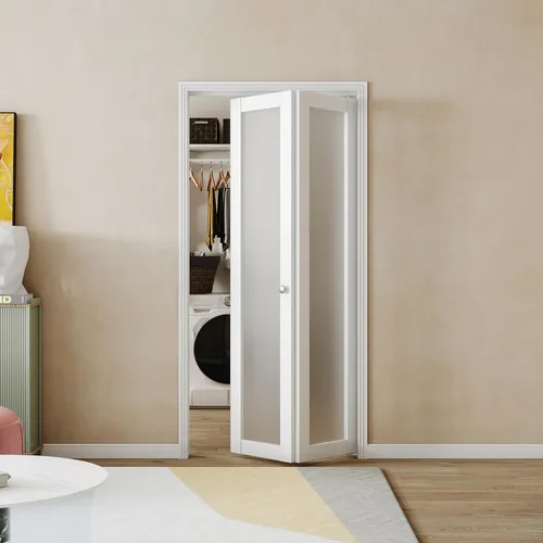 Vista 15 de BARNER HOME Puertas biplegables, para apertura de 48"x 80", panel de vidrio templado decorativo de un solo lado con kits de herrajes, MDF, puertas