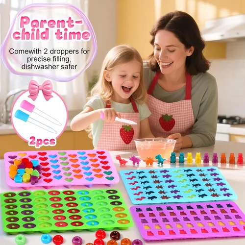 Vista 3 de Moldes de silicona para caramelos, con 2 goteros, moldes de silicona antiadherentes para dulces, incluyendo mini dinosaurio, forma de oso, corazones