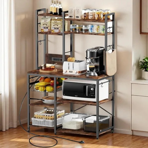Vista 10 de Luckyeestar Estante para hornear de cocina de 5 niveles con toma de corriente, estante de almacenamiento de metal de 25.2 pulgadas para microondas