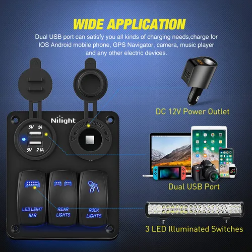 Vista 3 de Nilight Panel de Interruptor Basculante de 3 Posiciones con Cargador USB y Encendedor de Cigarrillos 12V 24V Barra de Luz LED Toggle Luces Traseras