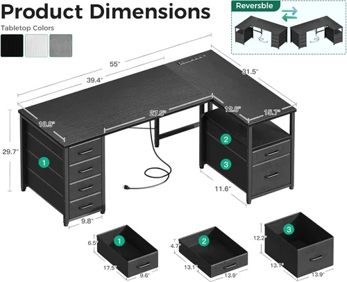Vista 3 de Coleshome - Escritorio en forma de L para computadora con 6 cajones y toma de corriente, escritorio esquinero de 55 pulgadas con estante
