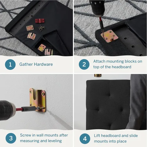 Vista 5 de Lucid Cabecera tapizada de altura media - Capitoné de diamante - Poliéster acolchado - Altura ajustable de 34" a 46" - Fácil montaje - Marco de cama