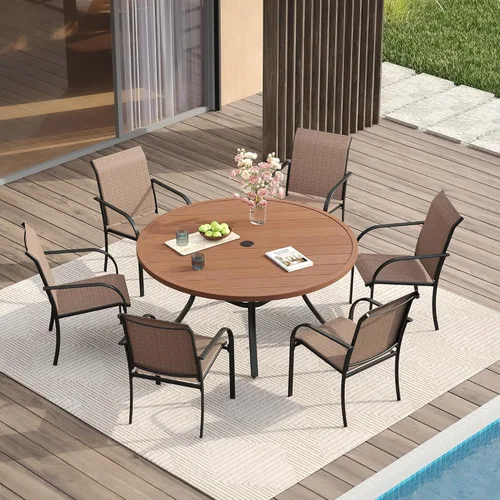 Vista 119 de VICLLAX Juego de comedor de patio de 7 piezas para 6, juego de muebles de exterior incluye mesa rectangular de 59 pulgadas para exteriores y 6