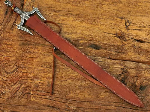 Vista 6 de Espada bárbara medieval de acero de Damasco, hoja de doble filo de acero de Damasco forjado a mano con funda de cuero.