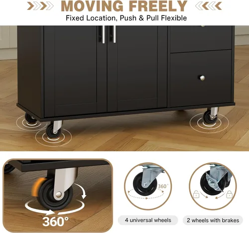 Vista 5 de Shintenchi Isla de cocina con hoja plegable, mesa de isla enrollable con almacenamiento, armario de cocina con ruedas con área de asiento para Negro