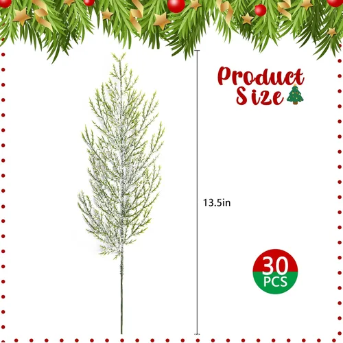 Vista 2 de Alpurple 30 piezas de ramas de pino artificiales con nieve y escarcha de Navidad - 34.3 cm de agujas de pino artificiales con nieve, ramitas - ramas