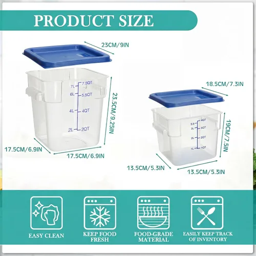 Vista 2 de Lallisa 4 recipientes transparentes de almacenamiento de alimentos de 8 cuartos y 4 cuartos con tapas, asas y escalas, recipientes cuadrados