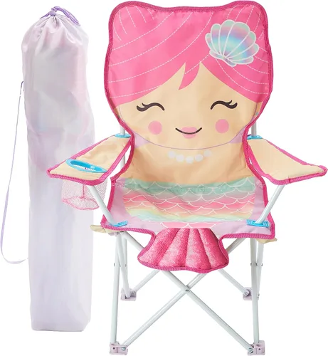 Heritage Kids Silla de campamento plegable de sirena para niños, silla de playa figurada para interiores y exteriores con reposabrazos y bolsa de