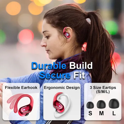 Vista 5 de Auriculares inalámbricos deportivos, Bluetooth 5.4, auriculares Bluetooth 2025 con estéreo de 75 horas, 4 micrófonos ENC, auriculares con ganchos