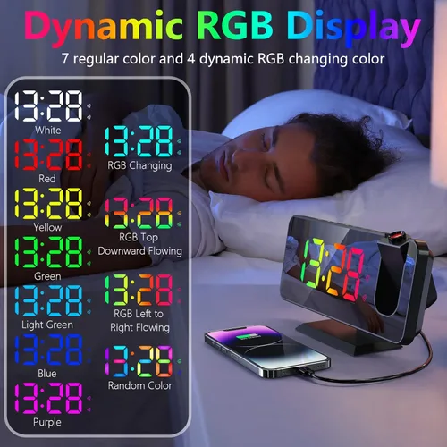 Vista 3 de Reloj despertador de proyección para techo de dormitorio, proyector giratorio de 180°, espejo de 7.4 pulgadas, pantalla LED digital RGB de 12/24