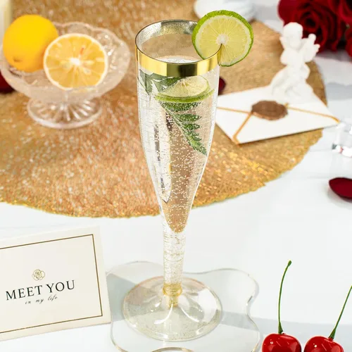 Vista 3 de Goodluck Paquete de 48 copas de champán de plástico con purpurina dorada de 6.5 onzas con borde dorado, vasos desechables de champán para brindis