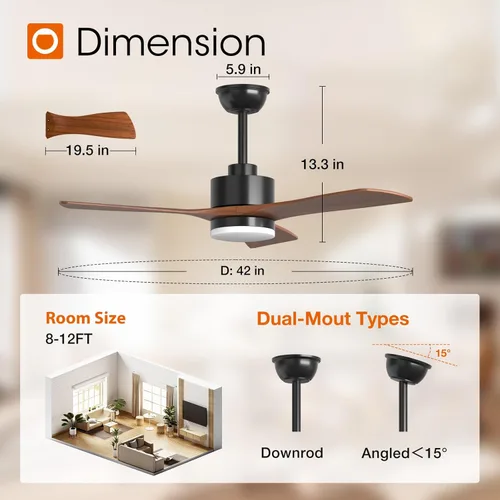 Vista 3 de addlon Ventiladores de techo de 42 pulgadas con luces y control remoto, reversibles, 3 cuchillas de madera, 6 velocidades, regulables 3CCT
