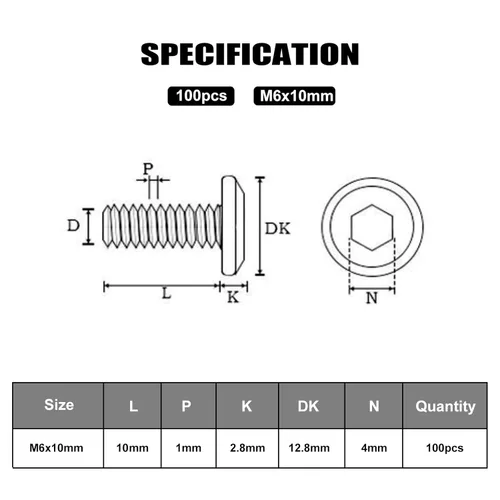 Vista 5 de VGBUY M6-1.0 x 10 mm 100 piezas de tornillos de cabeza plana con casquillo hexagonal, acero inoxidable 304 18-8, rosca completa, llave hexagonal