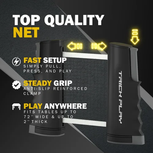 Vista 4 de TRICKPLAY Professional Ping Pong Net for Any Table Portable Anywhere Table Tennis Set with Retractable Net, 2 and 4 Paddle Set, 3-Star Balls