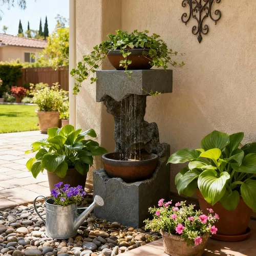Vista 2 de Bumilgar 95 cm H Fuente de agua de jardín de 2 niveles con forma de cuenco de lluvia con luces LED y guijarros, moderna cascada de piedra agrietada