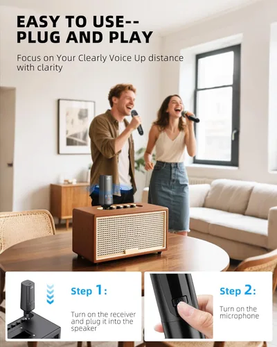 Vista 5 de LEKATO Micrófono inalámbrico, sistema de micrófono dinámico inalámbrico de mano dual recargable de 2.4 GHz con receptor de 1/4 pulgadas, micrófono