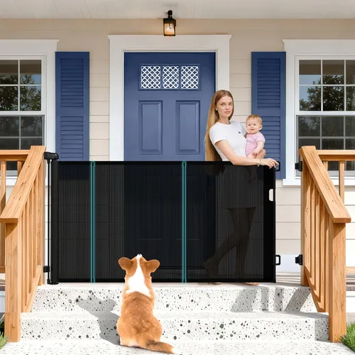Puertas retráctiles para bebés de 71 pulgadas extra anchas para escaleras, malla negra de 42 pulgadas de alto para perros, niños y mascotas, puerta