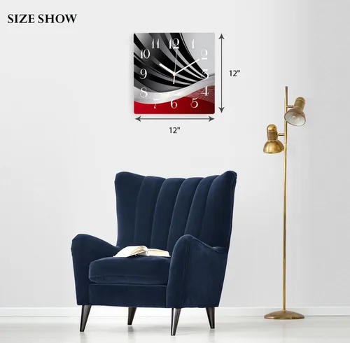 Vista 4 de Reloj de pared de madera silencioso sin tictac, rojo, negro, gris, cuadrícula geométrica irregular, cuadrícula cuadriculada, cuadrada, rústica