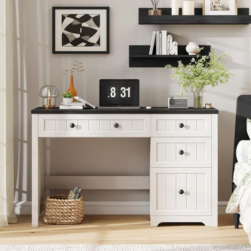 Vista 8 de Halitaa Farmhouse 55.1" Executive Desk with 3 Drawers, Vintage White Antique White