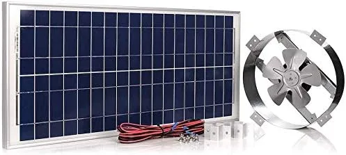 Amtrak Solar Panel solar de 50 vatios con un ventilador galvanizado de 12 pulgadas y una hoja de ventilador de metal de alta eficiencia de 10