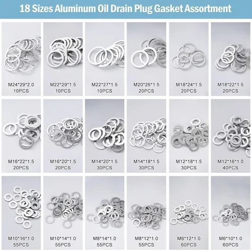 Vista 3 de 600 piezas de arandelas de trituración de 18 tamaños, kit surtido de arandelas de drenaje de aceite de aluminio, kit de sellos de tapón de drenaje