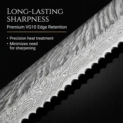 Vista 6 de Epicurean Cook Cuchillo de pan de Damasco de 8 pulgadas VG10 de acero de alto carbono, cuchillo de cocina japonés dentado, cuchillo profesional