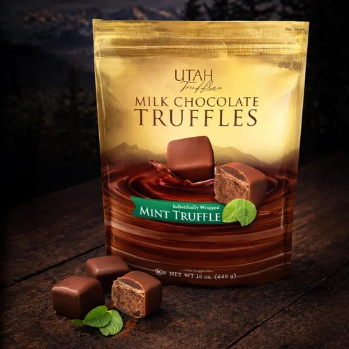 Vista 7 de Utah Truffles Trufas de chocolate con menta, trufas de chocolate con leche y menta, centro cremoso de tamaño de bocado, bolsa resellable de 16 onzas