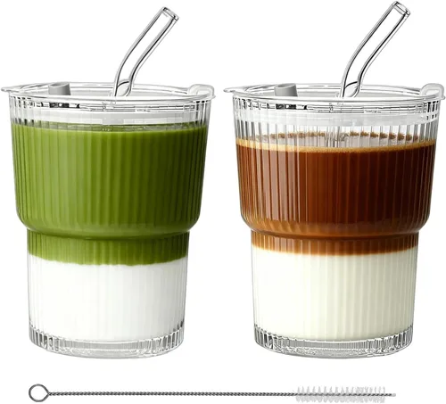 Vaso de vidrio acanalado con tapa y pajitas, tazas de café helado reutilizable, tazas de café helado para agua, batido, matcha, jugo de fruta de té