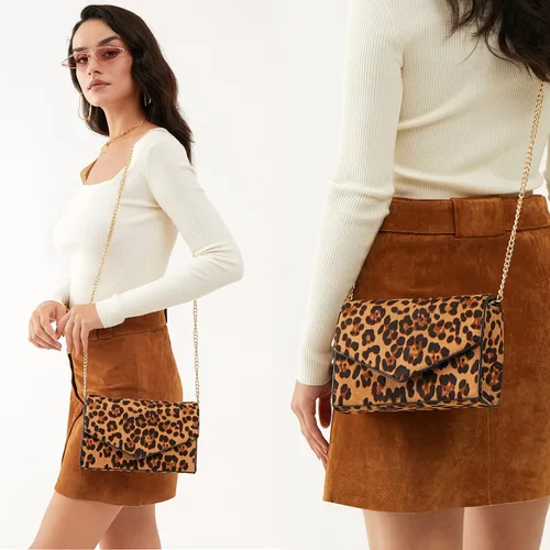 Vista 6 de HOXIS Bolso de hombro con cadena para mujer con estampado de leopardo