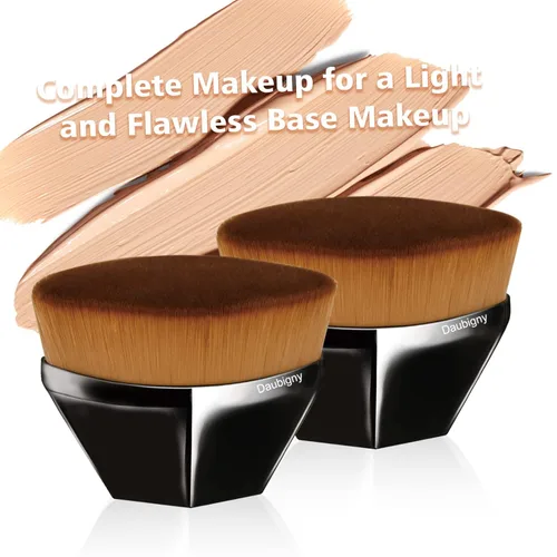 Vista 6 de Brochas de maquillaje Kabuki con punta plana y hexagonal para base, colorete, polvo líquido, base con estuche protector adicional (negro)